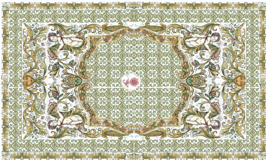Custom made flooring base on the Italian hand-painted panel Rosa Azul from Sicily Custom made flooring base on the Italian hand-painted panel Rosa Azul from Sicily- sketch