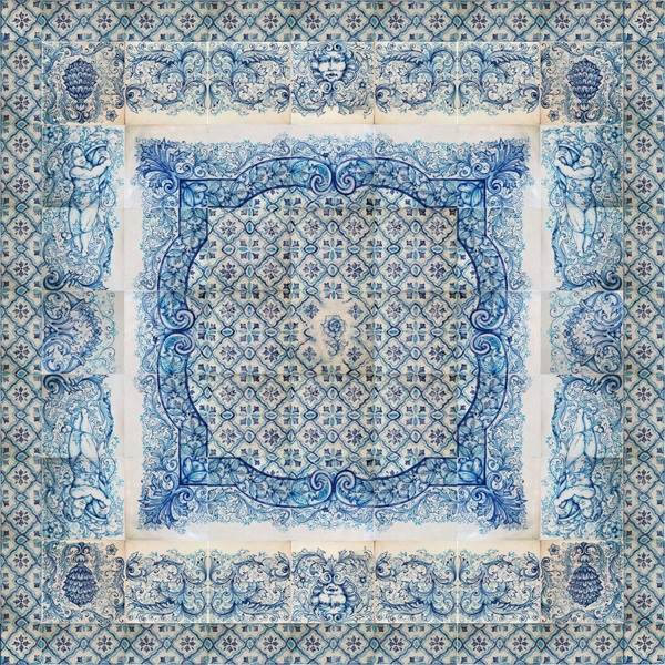 Italian tile panel or side tabletop Rosa Azul hand-painted by Ghenos in Messina, Sicily