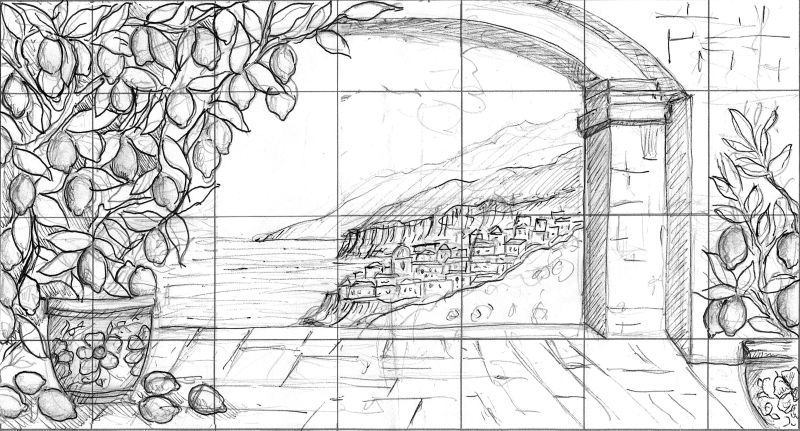 Sketch by an Italian artist of a beautiful Italian coastal landscape adorned with lemons