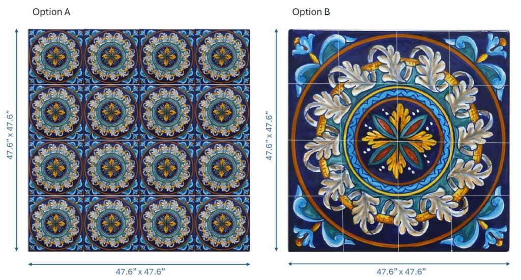 Two tabletop design options created using multiple tiles hand-painted with a vibrant pattern.